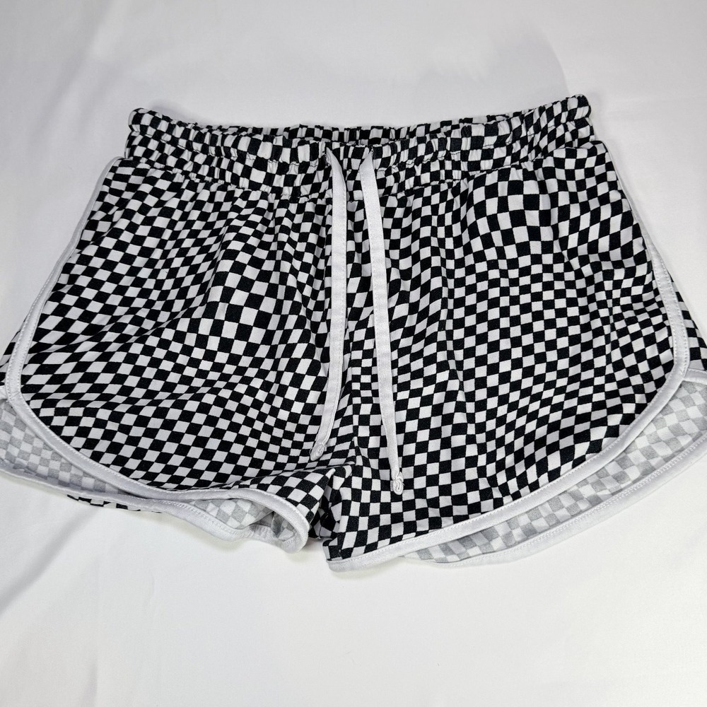 FADED ROSE Shorts Women's Black White Size L Checkerboard Dolphin Hem Drawstring